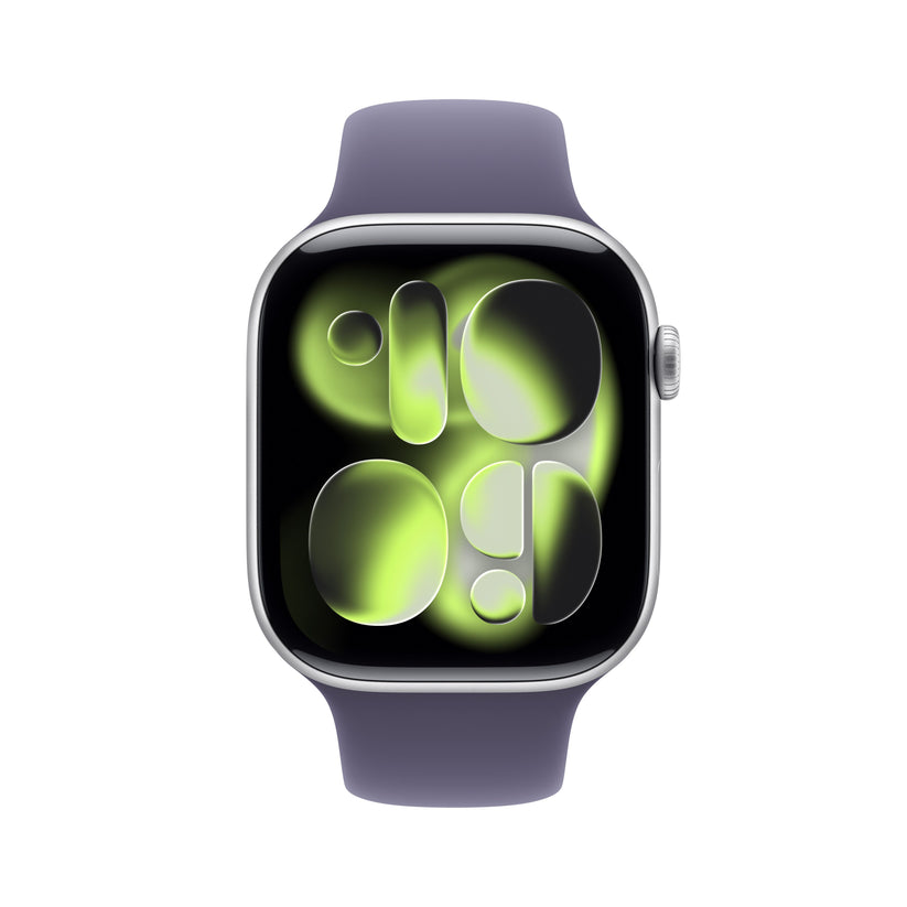 Apple Watch Series 11 46mm in Silver Aluminium with Purple Fog Sport Band front display view