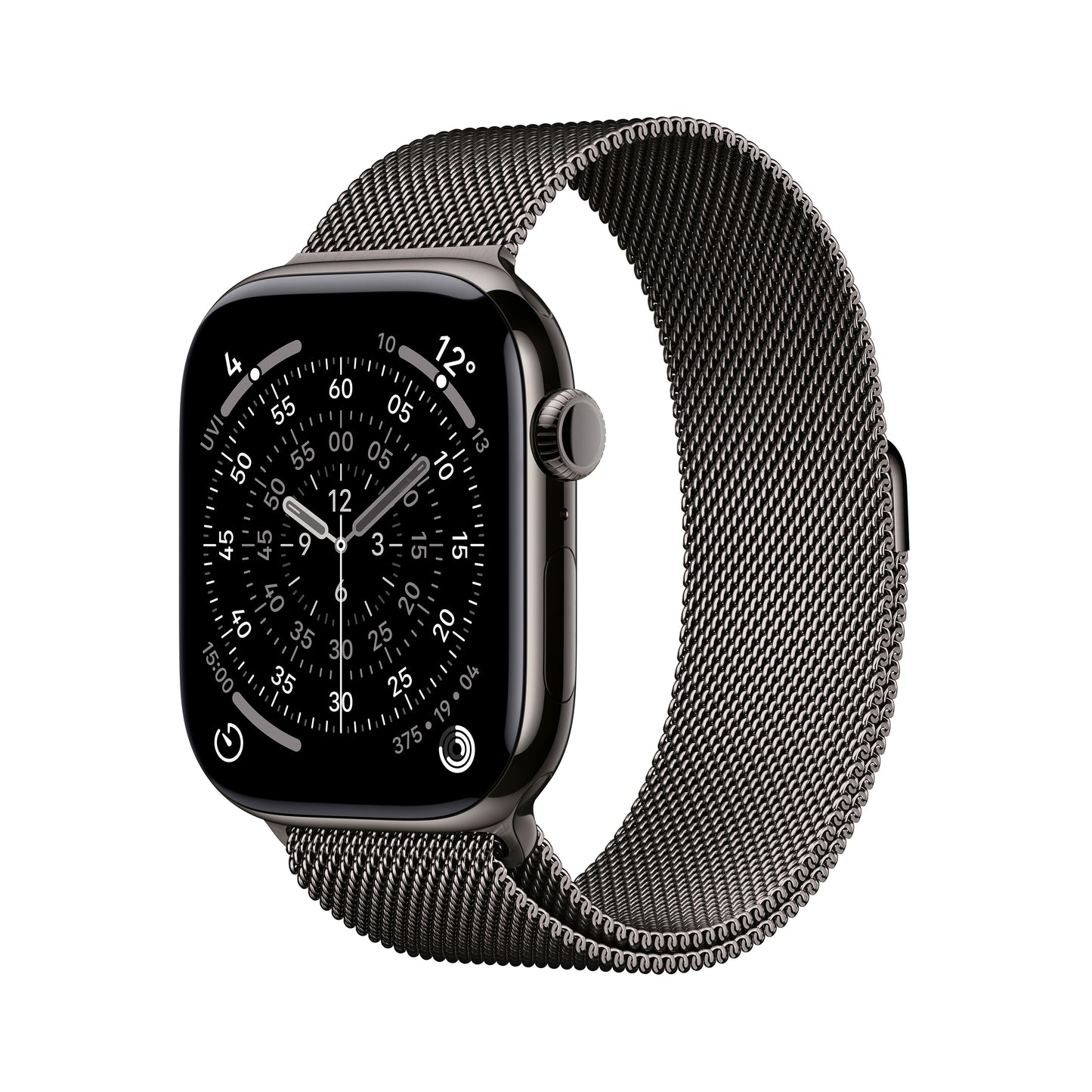 Apple Watch Series 11 GPS + Cellular 46mm Slate Titanium case with Slate Milanese Loop M/L front angled view