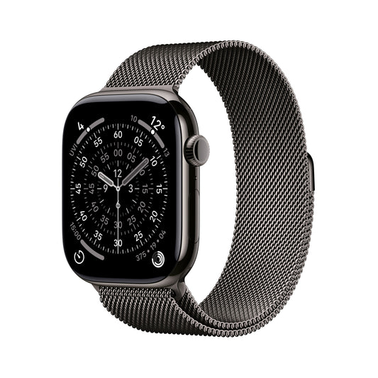 Apple Watch Series 11 GPS + Cellular 46mm Slate Titanium case with Slate Milanese Loop M/L front angled view