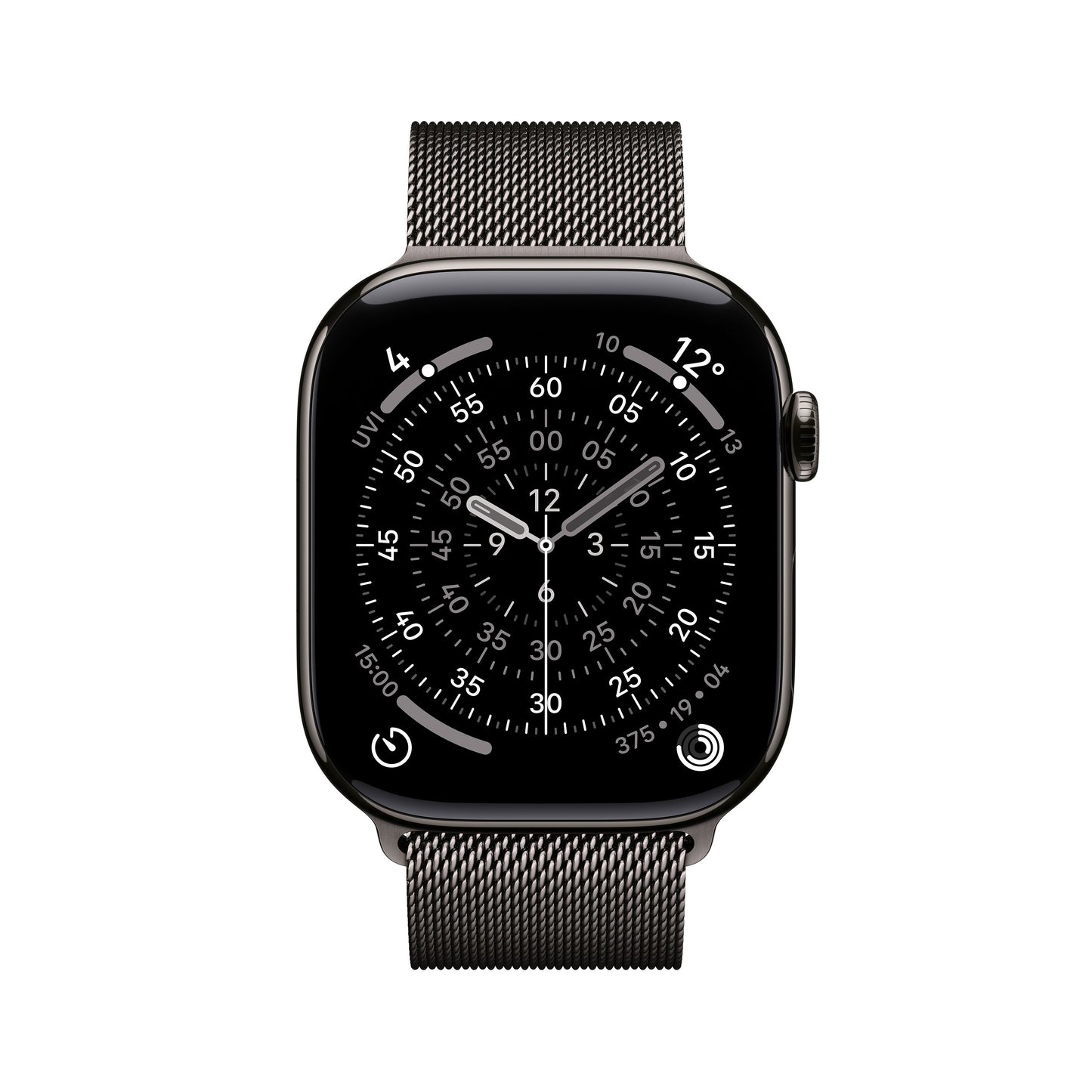 Apple Watch Series 11 46mm in Slate Titanium with Slate Milanese Loop front display view