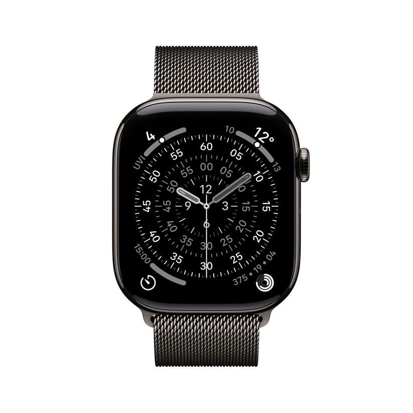 Apple Watch Series 11 46mm in Slate Titanium with Slate Milanese Loop front display view