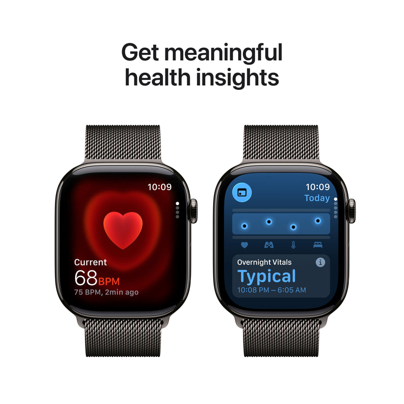 Apple Watch Series 11 showcasing real-time heart rate tracking and detailed health insights including Overnight Vitals
