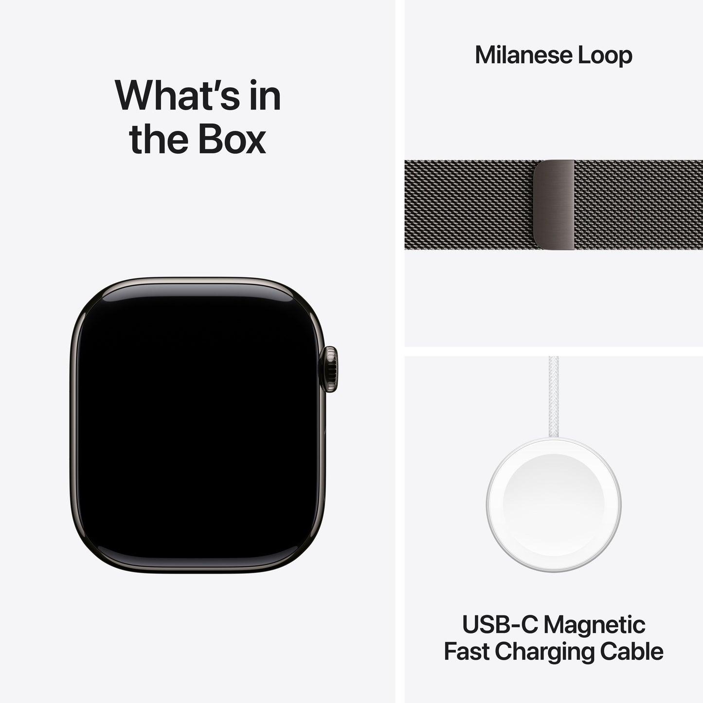 Apple Watch Series 11 with Slate Milanese Loop and USB-C Magnetic Fast Charging Cable included in the box