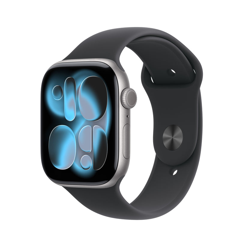 Apple Watch Series 11 GPS + Cellular 46mm Space Grey Aluminium case with Black Sport Band M/L front angled view