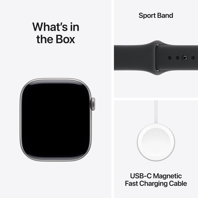 Apple Watch Series 11 with Black Sport Band and USB-C Magnetic Fast Charging Cable included in the box