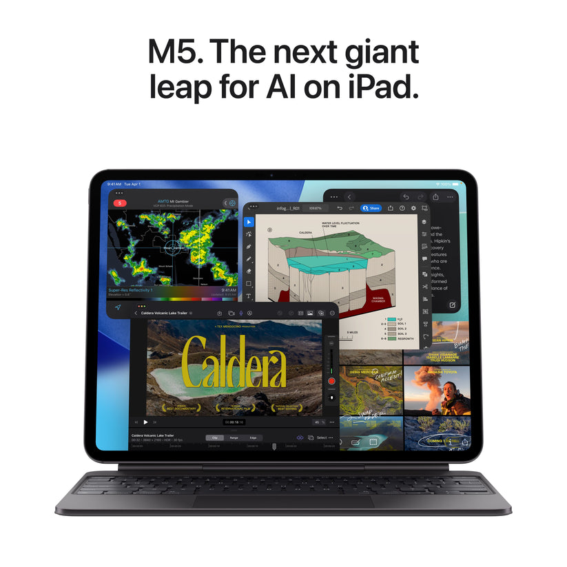 11-inch iPad Pro M5 Wi-Fi + Cellular 1TB Standard Glass in Silver with Magic Keyboard displaying multitasking apps