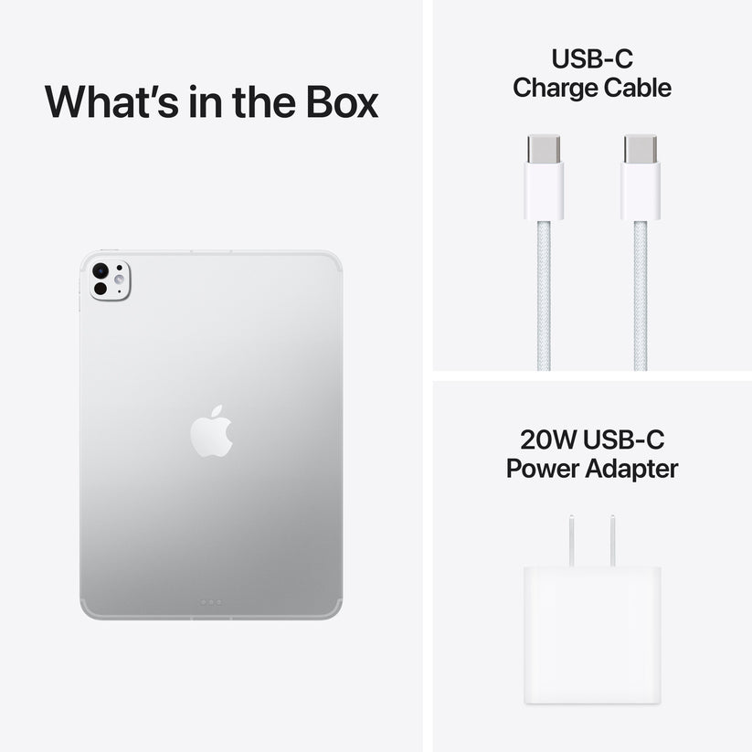 11-inch iPad Pro M5 Wi-Fi + Cellular 256GB Standard Glass in Silver with USB-C charge cable and 20W USB-C power adapter included in the box