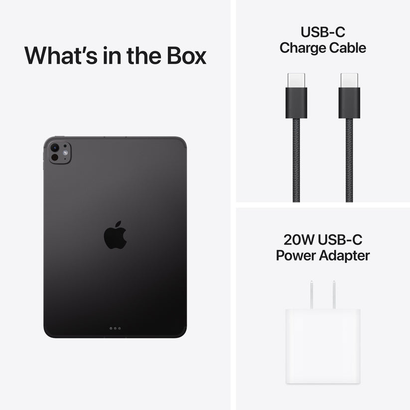 11-inch iPad Pro M5 in Space Black with USB-C charge cable and 20W USB-C power adapter included in the box