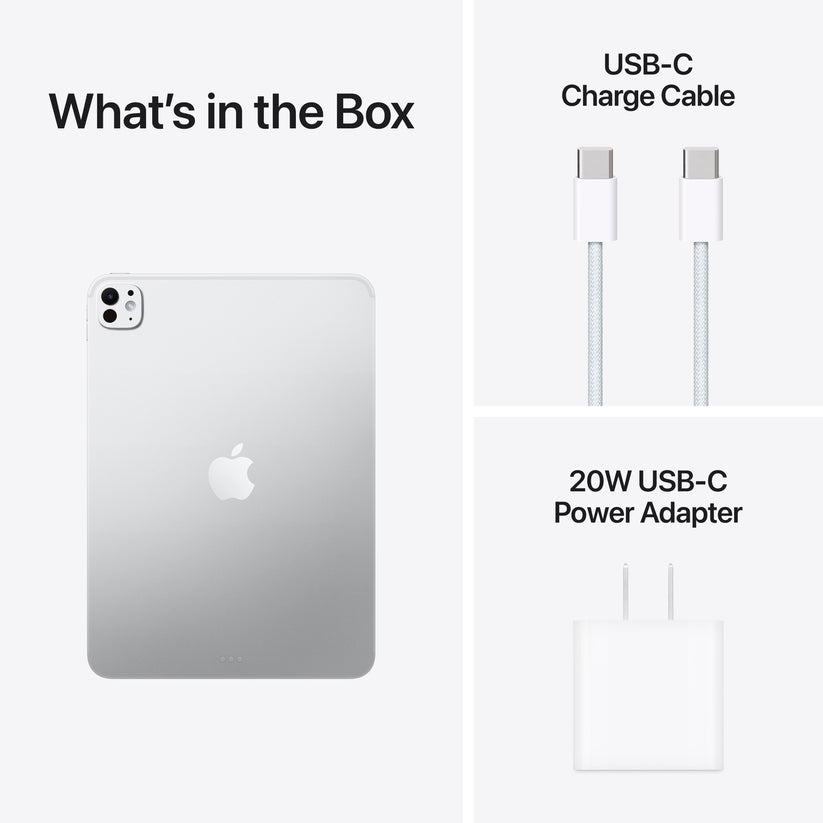 11-inch iPad Pro M5 in Silver with USB-C charge cable and 20W USB-C power adapter included in the box