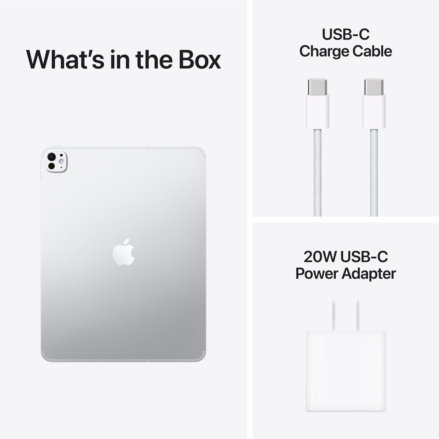 13-inch iPad Pro M5 in Silver with USB-C charge cable and 20W USB-C power adapter included in the box