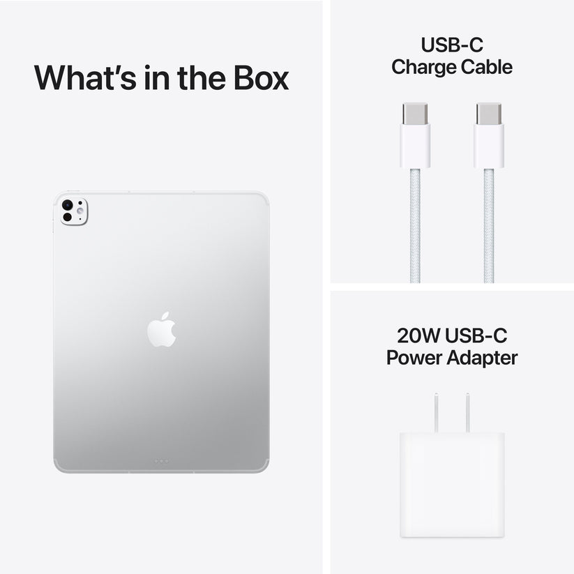 13-inch iPad Pro M5 in Silver with USB-C charge cable and 20W USB-C power adapter included in the box