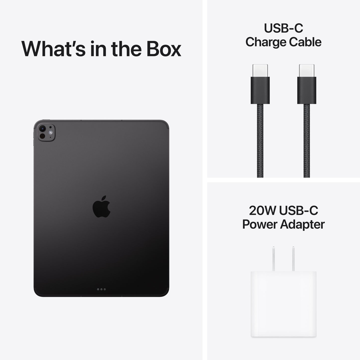 13-inch iPad Pro M5 1TB Standard Glass in Space Black with USB-C charge cable and 20W USB-C power adapter included in the box