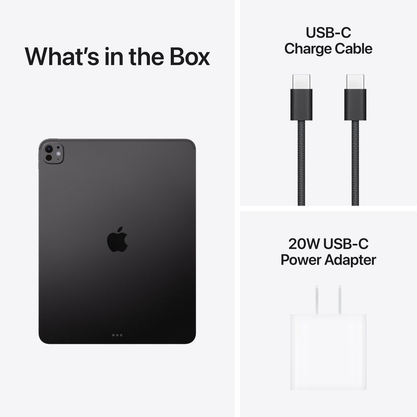 13-inch iPad Pro M5 in Space Black with USB-C charge cable and 20W USB-C power adapter included in the box