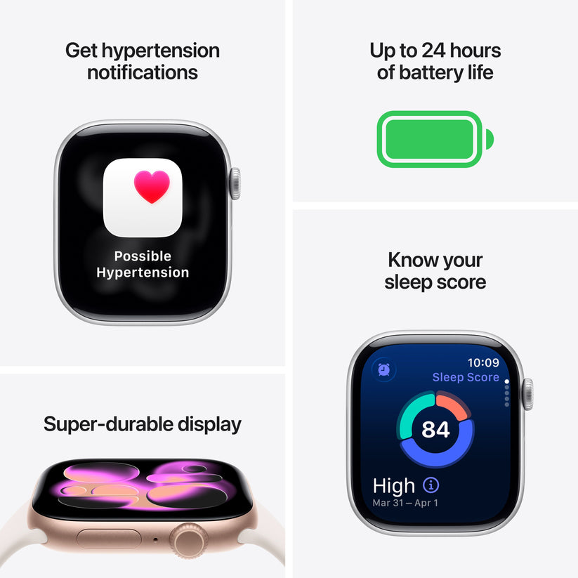 Apple Watch Series 11 showcasing health monitoring features, 24-hour battery life, sleep score insights, and super-durable display
