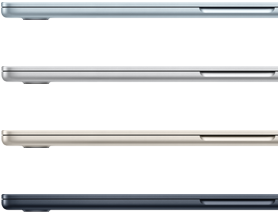 Quatre ordinateurs portables MacBook Air montrant les couleurs disponibles : bleu ciel, argent, lumière stellaire et minuit
