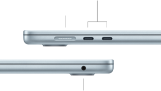 Vues latérales du MacBook Air montrant les ports : MagSafe et deux ports Thunderbolt 4 du côté gauche, prise casque du côté droit