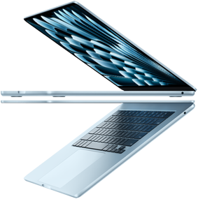 Deux MacBook Air en finition bleu ciel ouverts forment une flèche, soulignant la finesse du profil