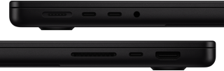 Affichage des ports sur MacBook Pro — côté gauche : MagSafe, deux ports Thunderbolt et prise casque — côté droit : SDXC, un port Thunderbolt et HDMI