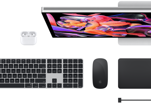 Accessoires Mac : Airpods, Studio Display, Magic Keyboard, Magic Mouse, Magic Trackpad, câble de charge MagSafe en noir spatial