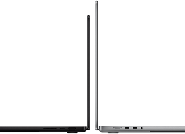 MacBook Pro 14 pouces et 16 pouces côte à côte, montrant la différence de taille et soulignant le profil étroit