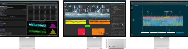 Mac Studio and three Studio Displays, all featuring different macOS apps onscreen