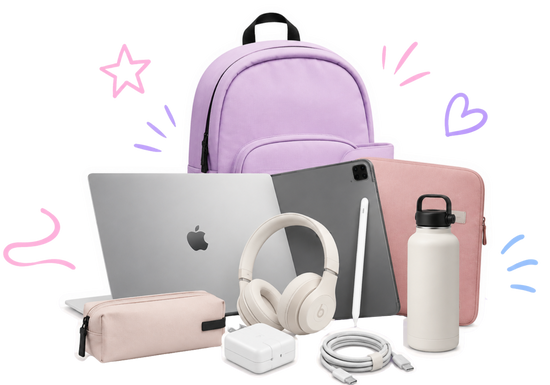 A pastel purple backpack displayed with a variety of tech accessories, including a silver laptop, a tablet, white over-ear headphones, a pink pouch, a white water bottle, and a pink sleeve, on a white background with light pink and blue doodle graphics.