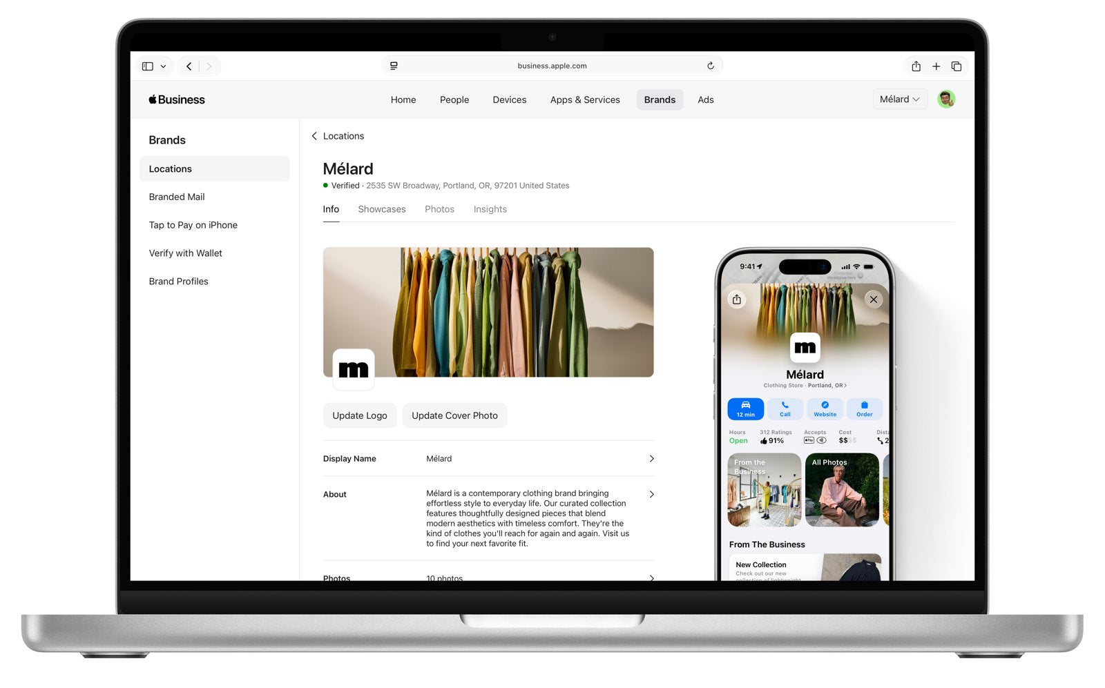Apple Business brand management on MacBook Pro and a business place card on iPhone
