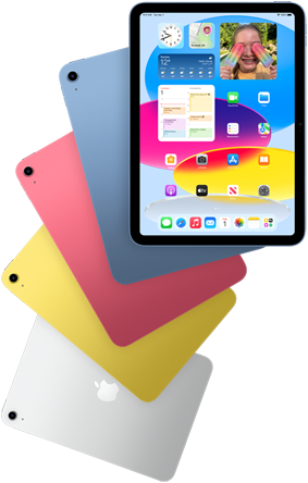 Vue avant d’un iPad affichant l’écran d’accueil, devant quatre autres iPad bleu, rose, jaune et argent