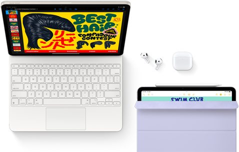 iPad Air fixé à un Magic Keyboard, avec AirPods Pro, Apple Pencil Pro et Smart Folio