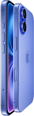 Two iPhone 16 devices, side exterior, stacked facing each other in Ultramarine finishes, volume buttons, Action button, Side button, Camera Control button, Apple logo in centre, raised Advanced dual-camera system