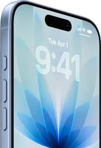 iPhone 17, exterior front, Blue Mist colour, Dynamic island centred, buttons: Action button, volume