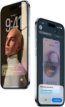 Deux appareils iPhone Air, extérieur avant, extérieur latéral, profil mince, écran de verrouillage, fonctionnalité d'intelligence visuelle en cours d'utilisation