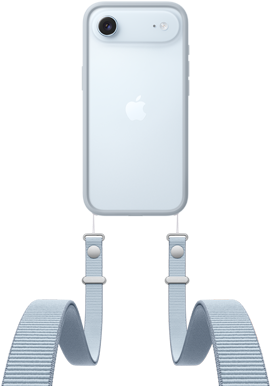 iPhone Air, extérieur arrière, couleur bleu ciel, système de caméra Fusion près du haut, logo Apple centré, sangle croisée avec protection en couleur gris clair attachée