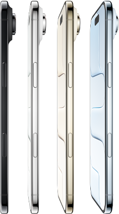 iPhone Air, extérieur latéral, les quatre finitions, Bleu Ciel, Or Clair, Blanc Nuage, Noir Spatial, profil très mince, système de caméra Fusion, boutons : latéral, Contrôle de la caméra