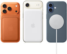 iPhone 17 Pro, extérieur arrière, couleur Cosmic Orange, avec étui en silicone couleur Sienna et portefeuille FineWoven avec MagSafe en couleur Fox Orange ; iPhone Air, extérieur arrière, couleur Cloud White, avec batterie Magsafe ; iPhone 17, extérieur arrière, couleur Mist Blue, avec étui en silicone couleur Anchor Blue et chargeur MagSafe