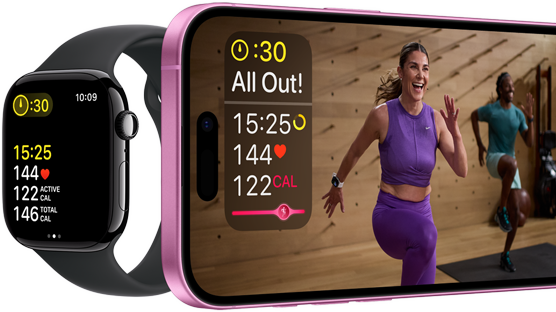 Workout metrics on an Apple Watch Series 10 and an iPhone.