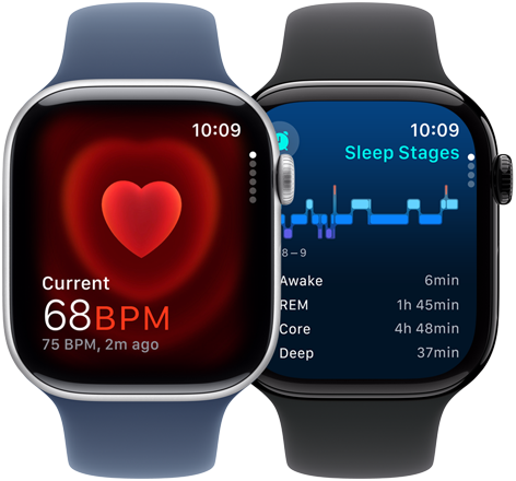 The Heart Rate app showing a current reading of 68 BPM and the sleep apnoea notification screen on two separate Apple Watch Series 10 devices.