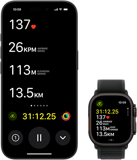 Vue Activité en direct montrant les données relatives à la pratique du vélo d’une personne à la fois sur son Ultra 2 et sur son iPhone
