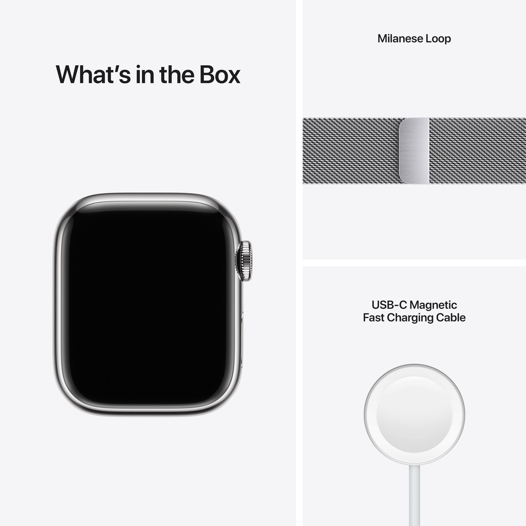 Apple Watch Series 7 Silver Stainless Steel Case (45mm, Silver Milanese Loop)