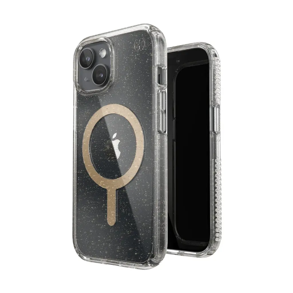 Speck Presidio Lux Case with ClickLock/MagSafe for iPhone 13/14/15/16e - Clear / Gold Glitter
